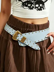 Women's Boho Western Belt, Blue Velvet Chunky Rivet Decorated Belt with Vintage Brass Buckle, Y2K Rodeo Belt for Dresses, Party & Casual Wear