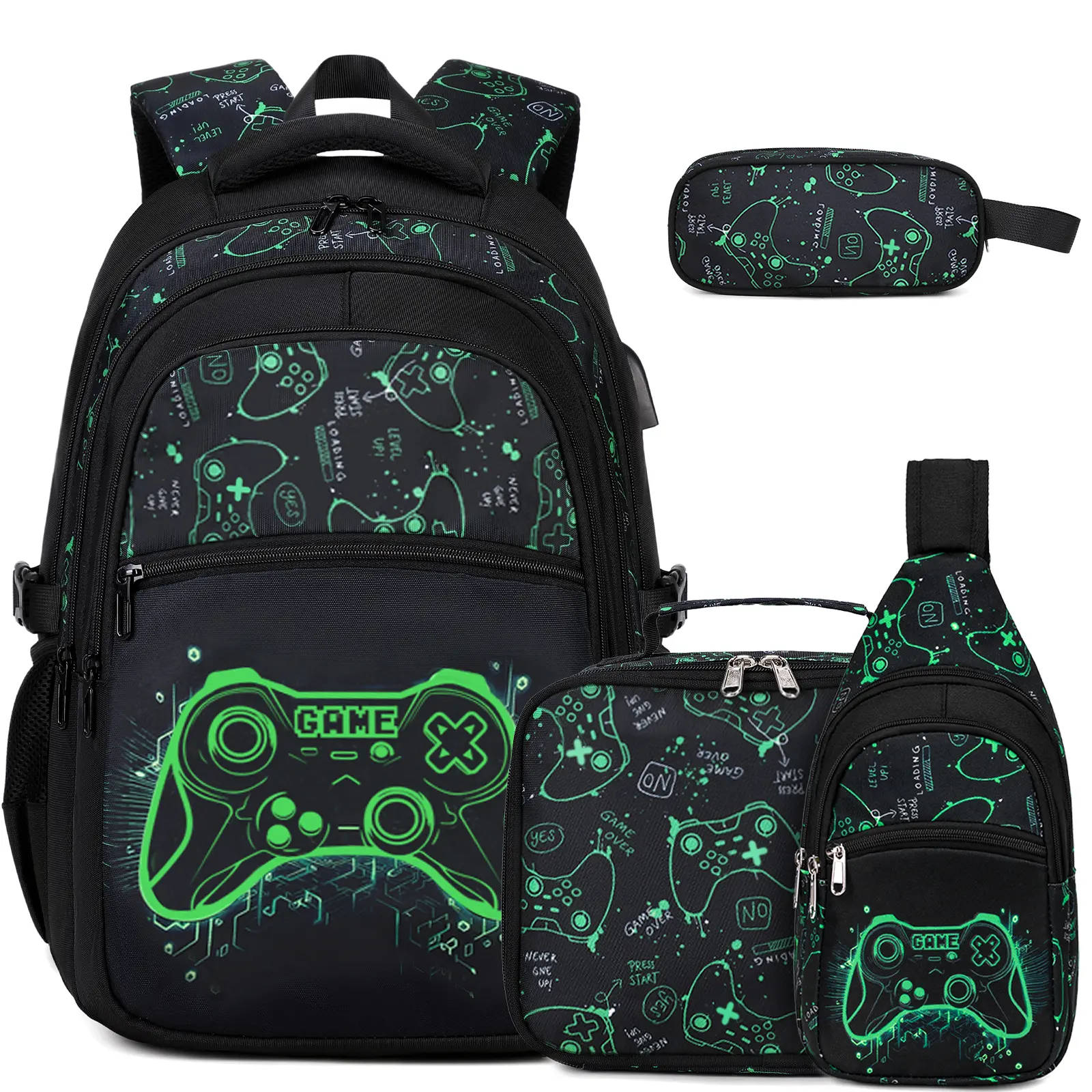 4PCS[3PCS+chest bag]-Green Floral Game Console