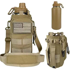 32 oz Insulated Water Bottle with Sleeve - Tactical Stainless Steel Metal Water Jug, Wide Mouth Gym Water Bottles for Men Sports Workout Hiking with Pouch Khaki