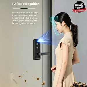 Aluminum alloy smart lock: semiconductor fingerprint (300 sets), keyless entry. Standard/Peephole/Facial versions. AA battery + Type-C emergency power, fits 35–55mm wood & steel doors.