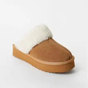 JUST FAB Women Faux Fur-Lined Suede Platform Slippers Suede Upper & EVA Sole for Indoor & Outdoor Comfort