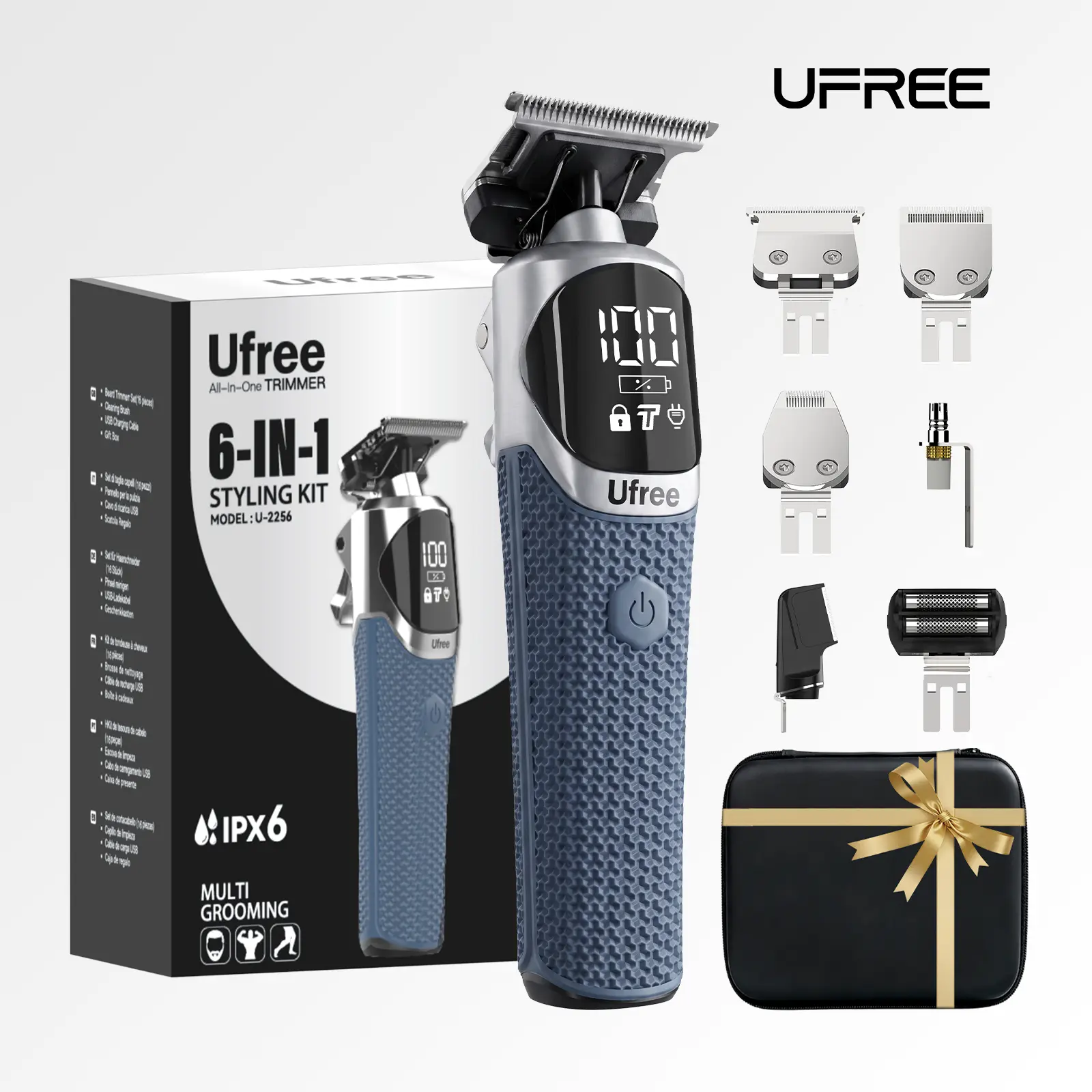 Ufree 6-in-1 Professional Men's Beard Trimmer, IPX6 Waterproof Cordless Electric Shaver, Type-C Rechargeable Grooming Kit for Mustache, Nose, Body Hair, Birthday Valentine's Gifts for Him