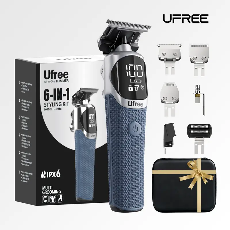 Ufree 6-in-1 Professional Men's Beard Trimmer, IPX6 Waterproof Cordless Electric Shaver, Type-C Rechargeable Grooming Kit for Mustache, Nose, Body Hair, Birthday Christmas Gift for Him