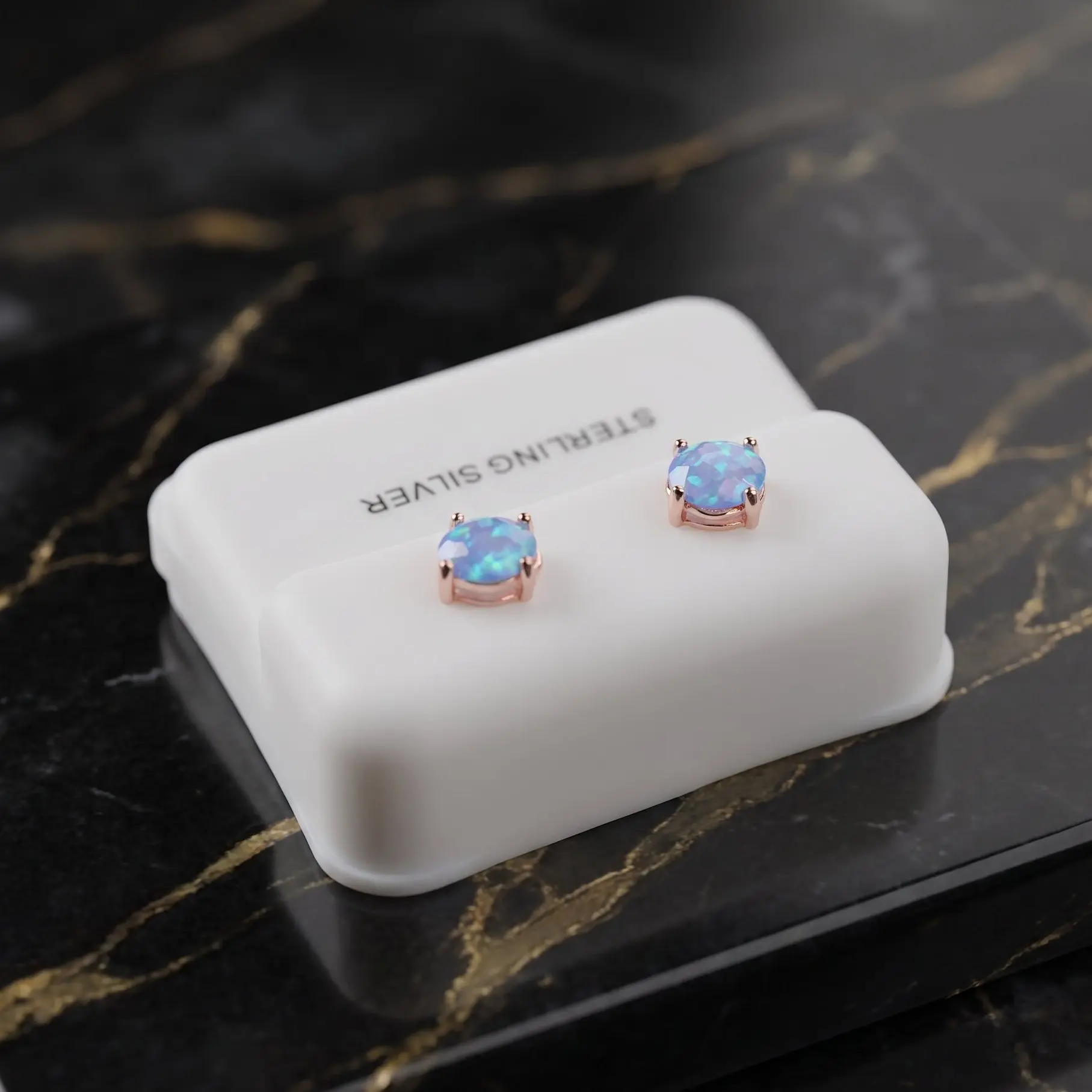 Blue Fire Opal Round Earrings Rose Gold Over 925 Sterling Silver Lab Created