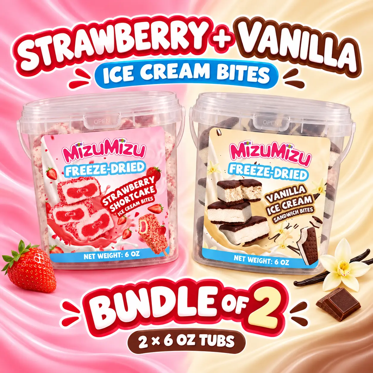 MIZUMIZU Freeze-Dried Favorite BUNDLE - Strawberry Shortcake, Vanilla Ice Cream Sandwich, Chocolate Eclair, Mint Chocolate Chips, Mini Cream Puffs