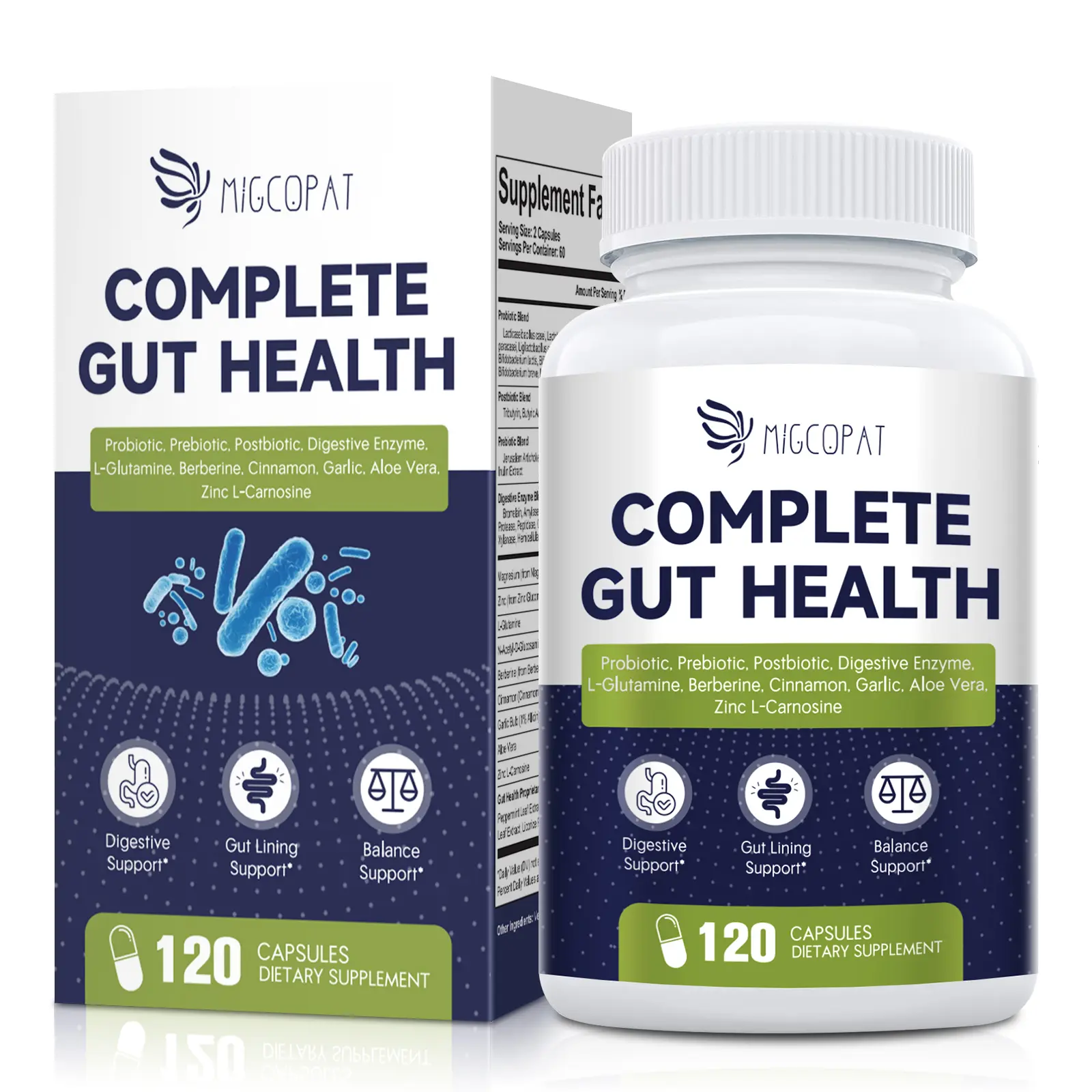 Migcopat 80 Billion CFU Probiotics with Prebiotics, Postbiotics & Digestive Enzymes | Gut Health & Digestive Support Formula | Supports Digestive Comfort & Daily Gut Balance | With Berberine, Cinnamon & L-Glutamine | 120 Capsules