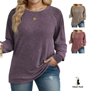 Plus Size Sweatshirts for Women Elegant Crewneck Pleated Long Sleeve Shirts Women's Fashion Loose Fit Stretchy Tunic Tops DPS1131 Winter Casual Chic Soft Womenswear sweaters for women