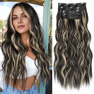 ALXNAN Clip in Hair Extensions 20 Inch Black Mix Blonde Long Hair Extensions Clip Ins 4PCS Soft Synthetic Hairpieces for Women
