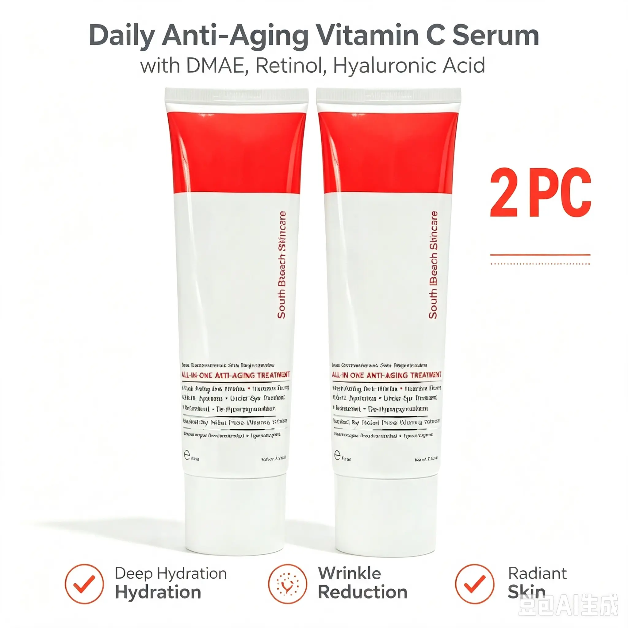 2pc Daily Anti-Aging Vitamin C Serum, DMAE Retinol Hyaluronic Acid Facial Serum, Deep Hydration Wrinkle Reduction for Radiant Skin