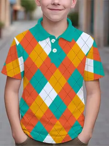 Colorblock Checkered Polo Shirt, Vintage Grid Design, Boys' Spring Casual Wear, Slim-Fitting All Seasons Top, Classic Shirt