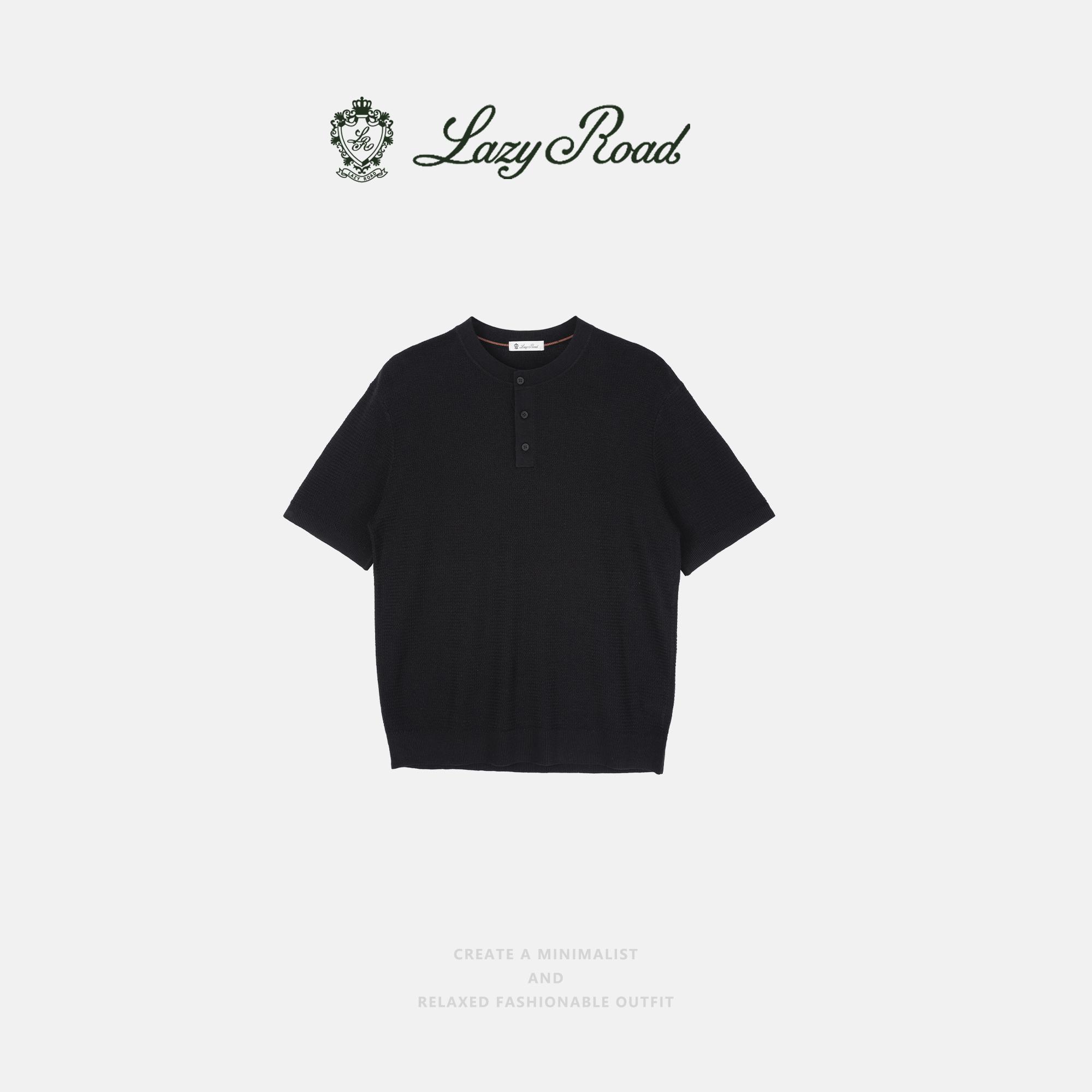 LazyRoad Old Money Style Men's Henley-Neck Short-Sleeve T-Shirt, Breathable Tencel & Linen Blend Knit T-Shirt(Black)-M6006