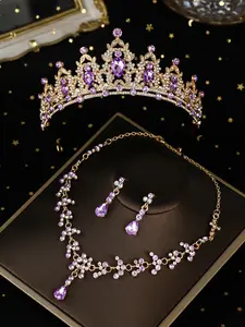 A set of bridal accessories, including a purple crown, a simple necklace, and earrings, consisting of 4 wedding accessories. The wedding dress and formal jewelry are also suitable for use at weddings, parties, and gatherings, Teardrop Jewelry Set