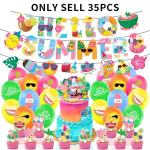 Hello Summer Party Decoration Set, Includes Hello Summer Banner, Garlands, Cake Topper, Balloons, Perfect for Summer Parties
