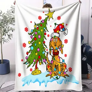 Christmas Theme Flannel Sofa Bed Blanket, Christmas Tree and Dog Grinch Pattern Plush Cover, Soft Smooth Thick Dense, Suitable for Who Love Christmas and Childlike Whimsy, Perfect Gift Choice or Self Use