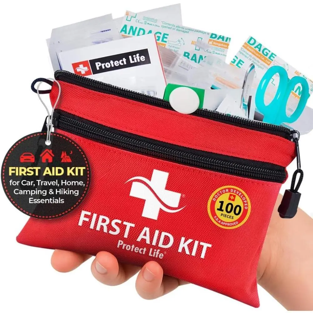 100-Piece Compact Portable First Aid Kit, Durable Emergency Medical Bag (7.5in x 5.2in x 1.5in) - HSA/FSA Eligible, Healthcare Essential for All Seasons Camping Hiking, Minor Injuries Safety, Outdoor Emergencies