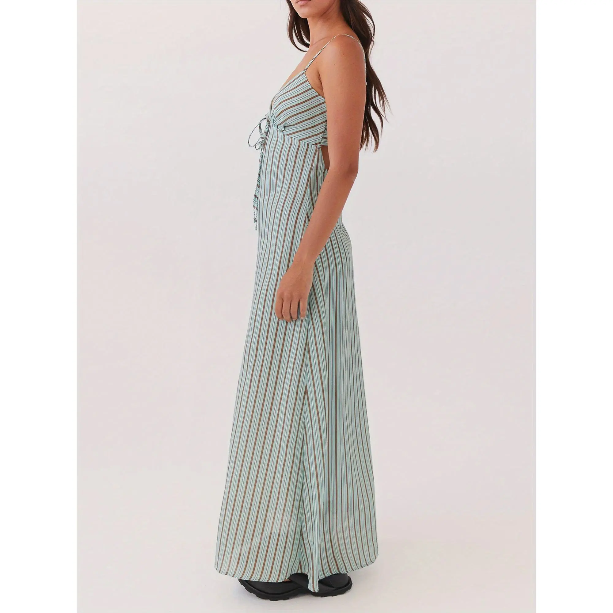 Elegant Blue and White Striped Women's Long Dress - Sleeveless Spaghetti Strap Tie Design, Back Cutout Detail, Elegant Blue and White Striped Women's Long Dress - Sleeveless Spaghetti Strap Tie Design, Back Cutout Detail,