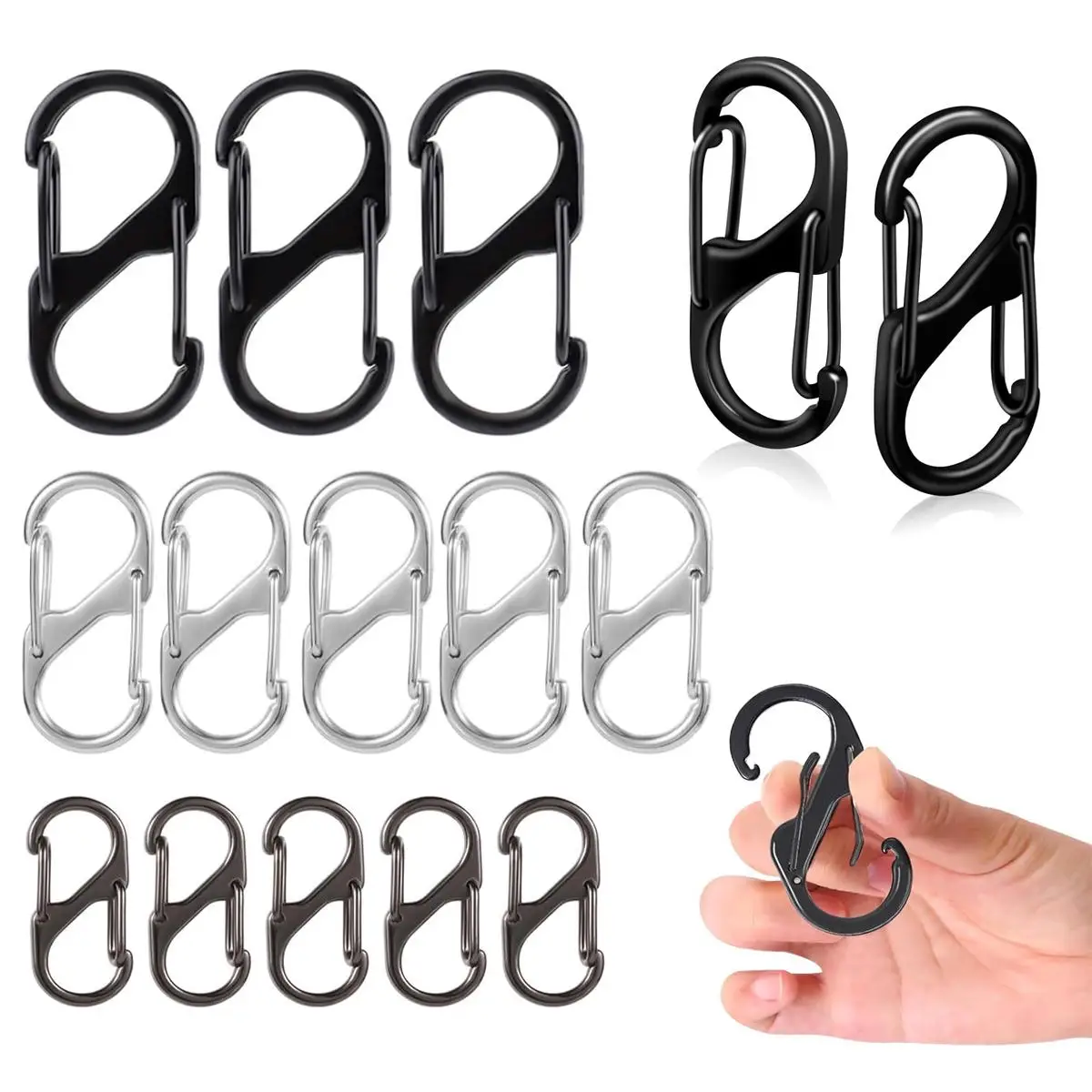 Lightweight S-shaped Double Head Spring Hook, 15pcs/set Waterproof Durable Backpack Zipper Replacement Lock Buckle for Outdoor Hiking Fishing Camping
