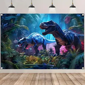 Fantasy Jurassic Blue T-Rex Dinosaur Backdrop Banner,Rainforest Dinosaur Party Decorations,Durable Polyester Fabric Photo Booth Prop,Reusable Easy to Clean,Perfect for Kids Birthday,Dinosaur Theme Party,Classroom Decor,Home Wall Art,Gifts for Friends