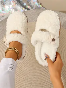Candy Color Cat-Feel Cotton Women's Slide Slippers, Autumn Winter Home Soft Bottom Indoor Non-Slip Fur Slippers, Super Cute Warm Slippers