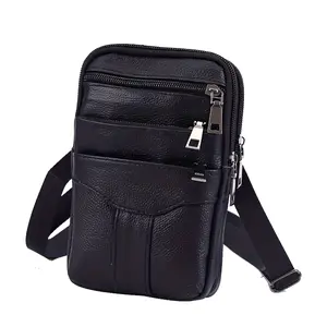 Men's Genuine Leather Crossbody Phone Holster - Brown Waist Pack with Multiple Zipped Pockets, Adjustable Strap & Headphone Hole for Casual Outings