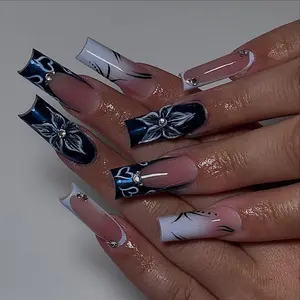 Midnight Bloom Elegance Press On Nails | 3D White Floral & Navy Blue Nail | Ombre White French Tips | Rhinestone Embellished Nails | DB531E