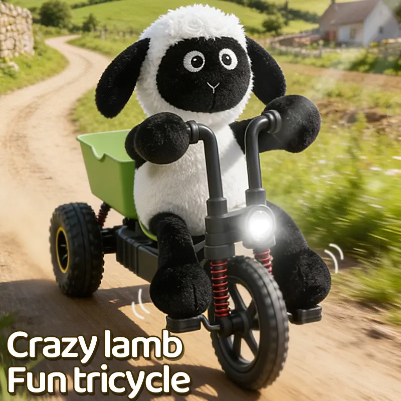 Crazy Lamb RC Tricycle Toy, Cute Plush Sheep Riding Remote Control Car with LED Headlight, Full Proportional Throttle Digital Servo RC Stunt Vehicle, Funny Electric Toy Gift for Kids & Adults