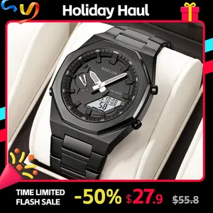 BOZLUN Octagonal Sport Watch for Men Waterproof 30M Luminous Multifunction Outdoor Style Stainless Steel Wristwatch