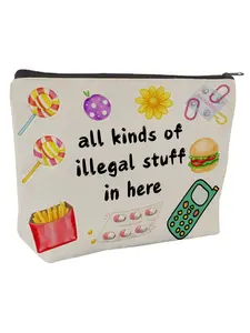 Edgy Humor Makeup Bag, Canvas Pouch with Various Items Quote, Candy, Burger, Pills, Phone, Vintage Icons, Perfect for Cosmetics