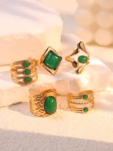 Five piece retro, elegant, fashionable, high-end, personalized, unique, exquisite, irregular green ring set for women's daily wear, commuting, holiday party jewelry