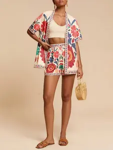 Women's Floral Print Open Front Short Sleeve Outerwear Set, High Waist Drawstring Shorts, Two Piece for Casual Wear