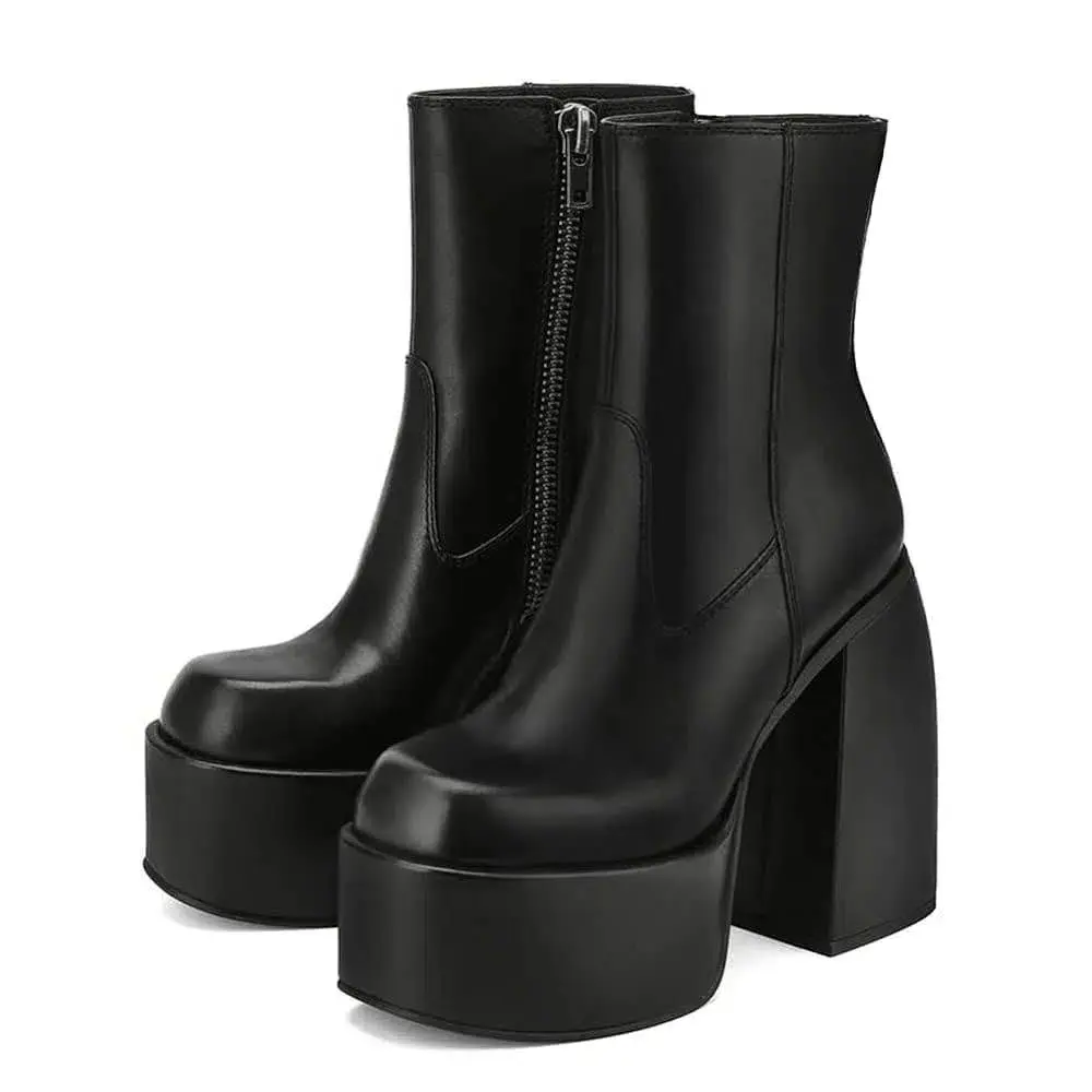 Womens Black Platform Chunky Heel Ankle Boots Square Toe Side Zipper Goth Punk Y2K Fashion Booties for Party Streetwear