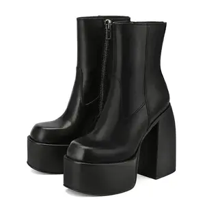 Womens Black Platform Chunky Heel Ankle Boots Square Toe Side Zipper Goth Punk Y2K Fashion Booties for Party Streetwear