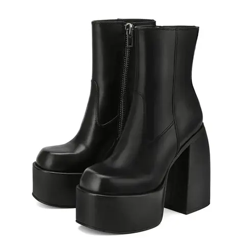 AOSPHIRAYLIAN Women's Black Glossy Leather Embroidered Mid-Calf Platform Chunky Block Heel Ankle Boots - Square Toe, Side Zipper, Cowboy Contour, Western Gothic, Bold Platform Design, Casual for Party, Edgy Casual Outfits