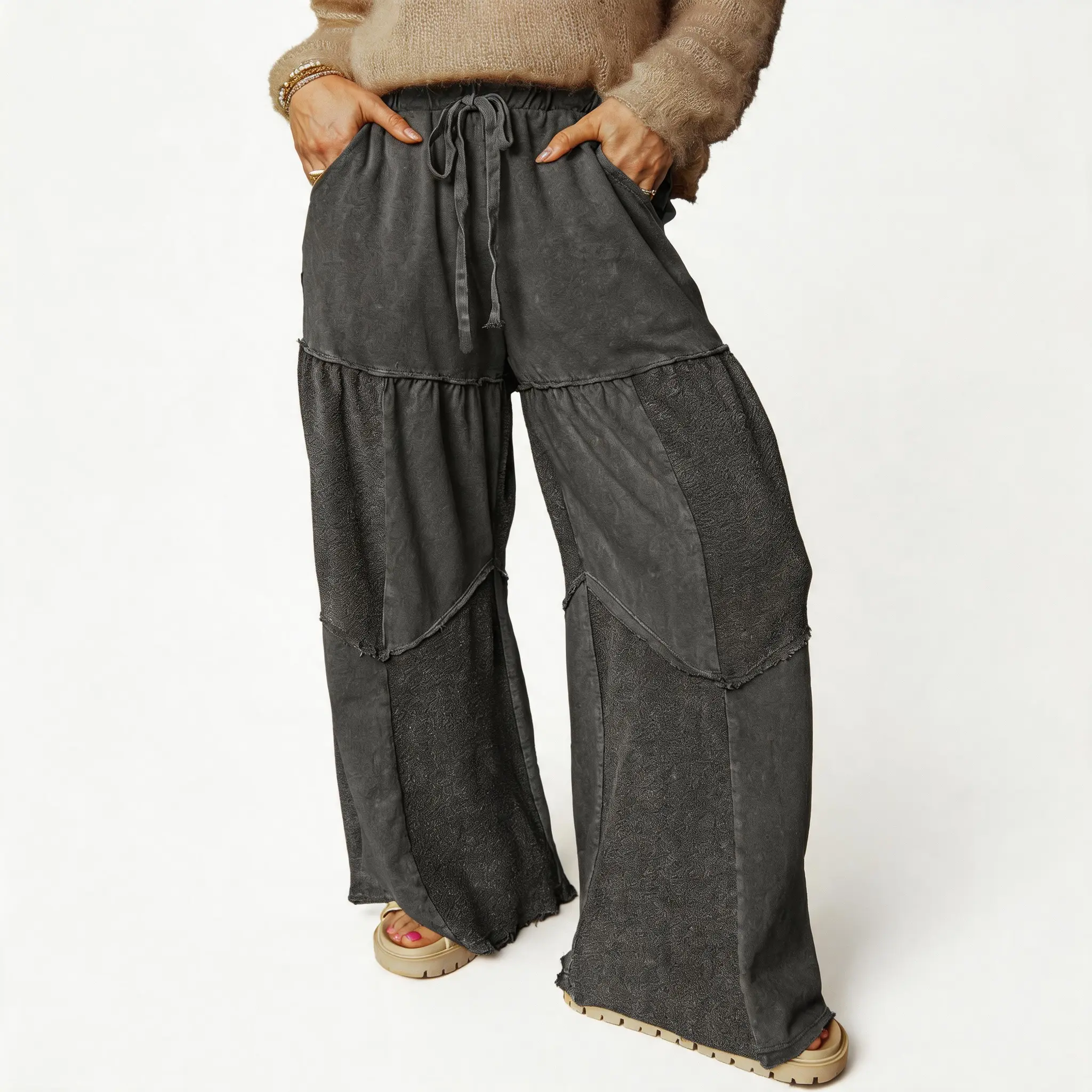 Hotapei Women Vintage Washed Tiered Patchwork Wide Leg Pants Elastic Drawstring High Waist Raw Hem Loose Casual Trousers With Side Pockets Single Color Boho Relaxed Fit Daily Streetwear Long Bottoms for Outdoor Shopping