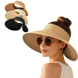 Women's 3-Piece Solid Color Cute Bow Wide Brim Straw Hat Set - Foldable Casual Beach Outfits Accessory, Ponytail Hole Design, Fashionable Sun Hat for Beach Use