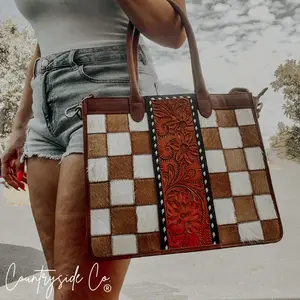 Virginia Cowhide Checkered Concealed Carry Tote Handbag, Rust Tone Leather