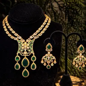 22K Gold Plated 2-Piece Green Statement Necklace Set | Doublet Jewelry | Moissanite & CZ Accents #006