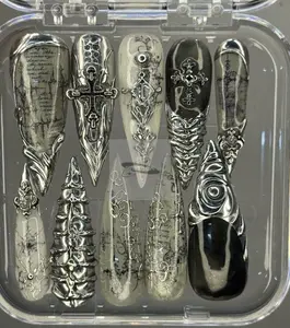 Luxury Gothic Chrome Press On Nails | Black Silver Cathedral Nails | Cross & Script 3D Nail Art | Handmade Fake Nails Nail Art Kit Nail Box