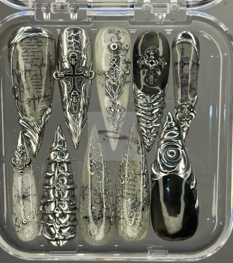 Luxury Gothic Chrome Press On Nails | Black Silver Cathedral Nails | Cross & Script 3D Nail Art | Handmade Fake Nails Nail Art Kit Nail Box fathersdaygift