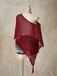 Plus Size Women's Red Summer Boho Satin Vacation Holiday Retro Elegant Tassel Knitted Cover-Up Top For Y2K Music Festival Commuter Fall
