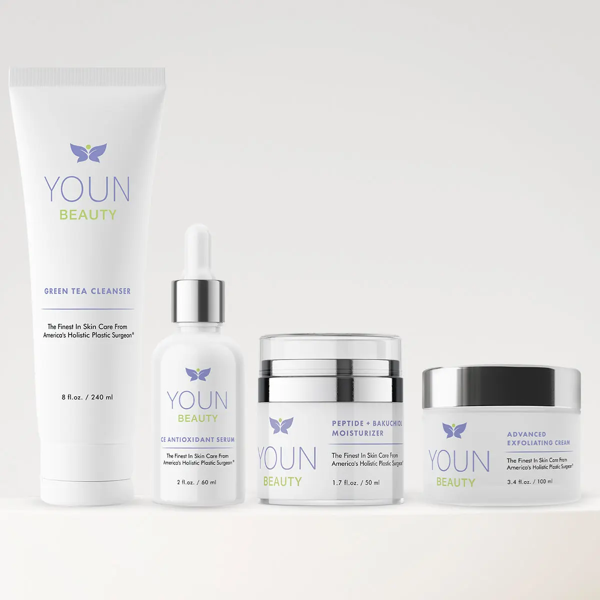 Youn Beauty 2 Minutes/5 Years Younger Skin Care System Sensitive Skin with Green Tea Cleanser Peptide Bakuchiol Moisturizer & Advanced Exfoliating Cream