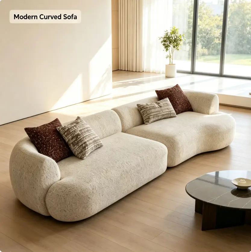 Piece Beige Bouclé Curved Modular Sofa, Modern Organic Minimalist Upholstered Couch for Living Room Indoor Furniture Sofa Set