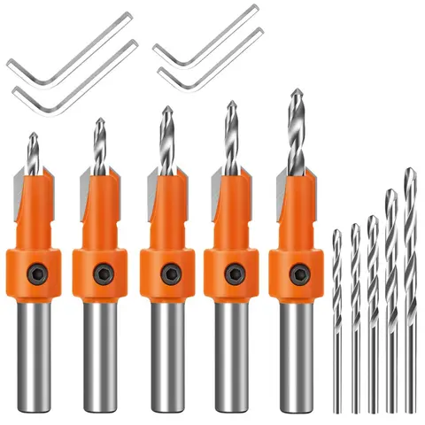 14Pcs 1step Multi-Size Depth Adjustable Countersink Drill Set - 2.8-4mm 1/4" Hex Shank Tools, 5 High-Speed Steel Replacement Bits, 5 Allen Wrenches, Conical Shape for Wood Plastic Projects, DIY Enthusiasts
