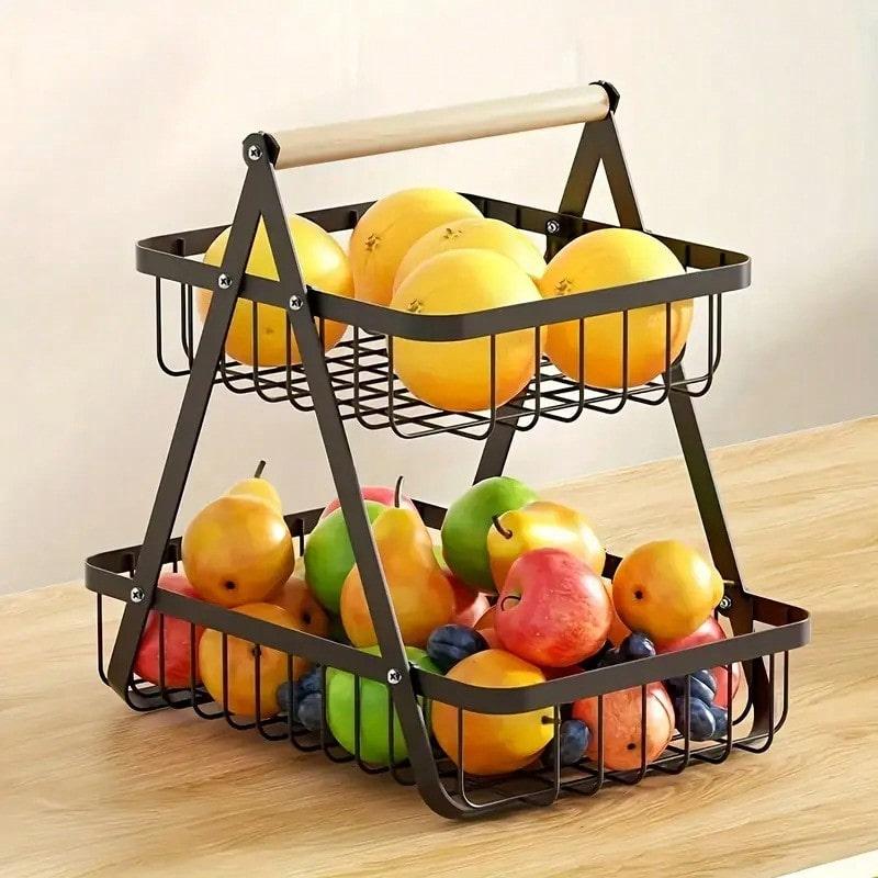 TAIMASI [1pc Metal Storage Basket] 1pc Elegant Black Metal Wire Multi-Tier Detachable Bathroom & Kitchen Storage Basket | Wooden Handle, Food-Safe Countertop Basket For Fruits, Bread, Home Organization, Bathroom Basket Organizer, Durable Construction