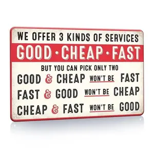 Good Cheap Fast Humorous Funny Metal Sign, 1 Count Retro Style Metal Sign, Creative Wall Art, Wall Decor For Home Office Shop, Office Accessories, Vintage Garage Signs, Yard Sign, Signage