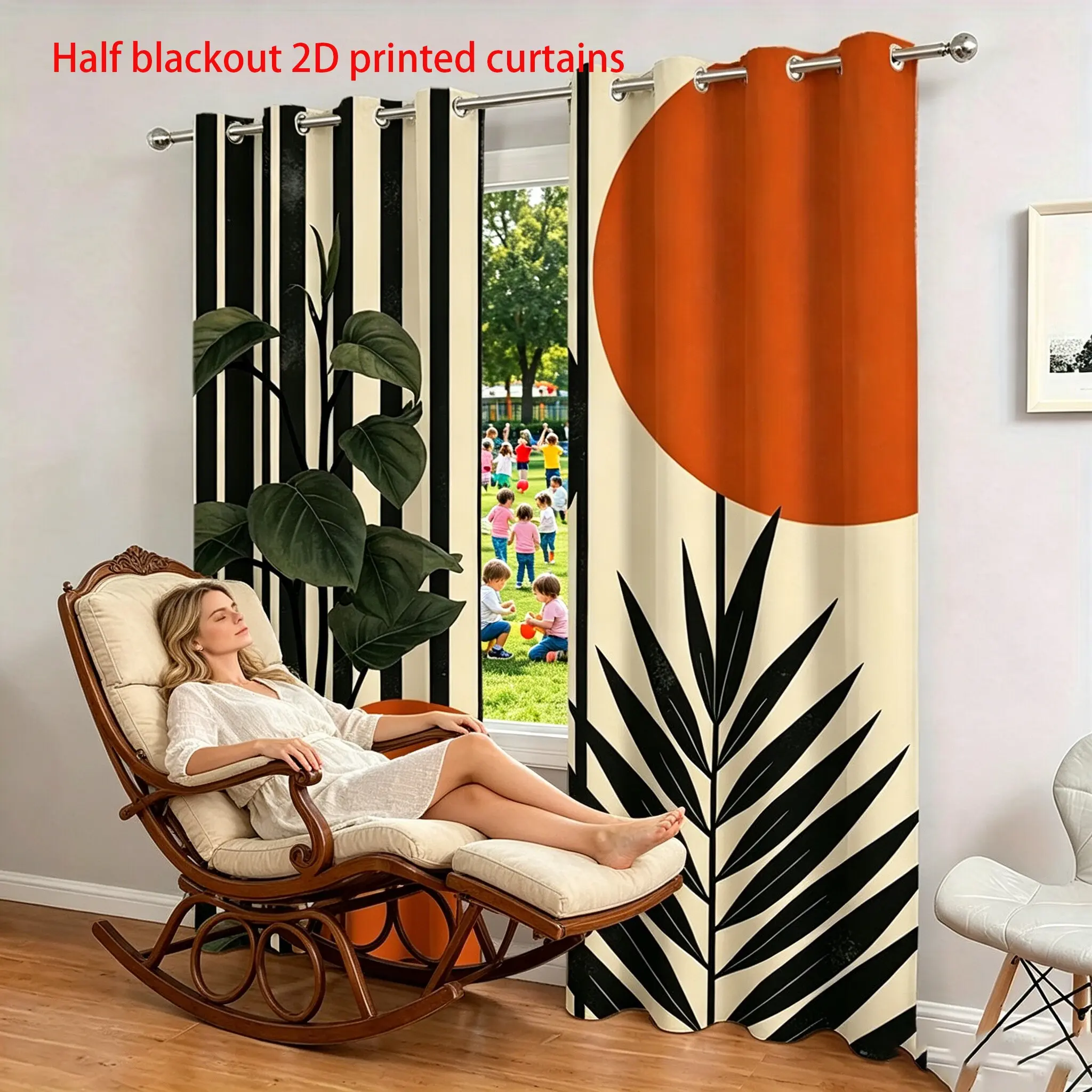 2-piece set, Medieval Modern Style, black and orange circular palm leaf pattern, Sheer Printed Curtains, Home Decorative Curtain, perforated, semi-transparent polyester fabric, suitable for home decor