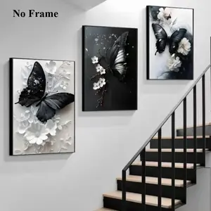 3PCS Frameless Creative Artistic Black Butterfly Floral Flower Design Poster Art Wall Decoration Living Room Bedroom Office Decoration Gift Decoration House Personalized Poster