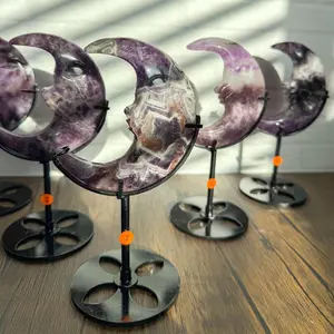 Large Amethyst Moon on Metal Stand – Natural Carved Crystal Crescent Moon Face, 7” x 4” Display Sculpture, Healing Stone Home Décor