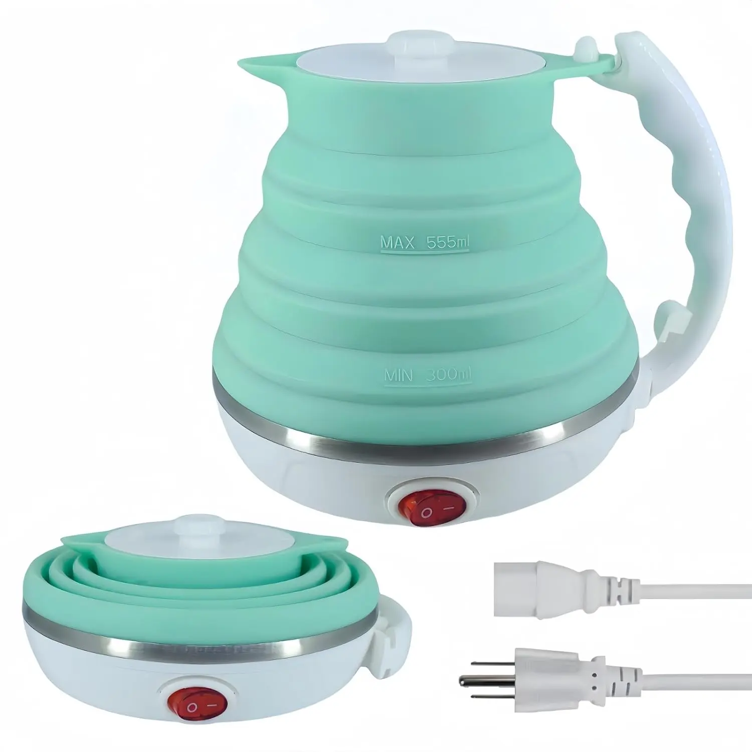 Travel Kettle, Portable Electric Kettle, Collapsible Tea Kettle Travel, Hot Water Kettle Electric, Food Grade Silicone, Auto Shut off and Keep Warm, 110V 555ml Green