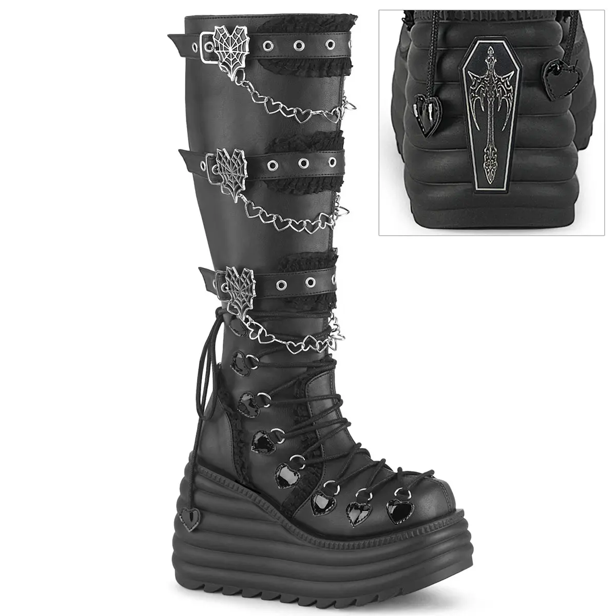 Demonia Morte-215 Women's Wedge Platform Knee High Boot with D-Ring Lacing and Spider Web Buckle Straps